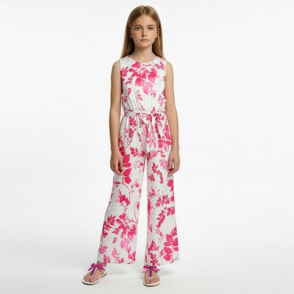 Elsy-Girls Pale Pink Floral Satin Palazzo Style Jumpsuit | Childrensalon Outlet