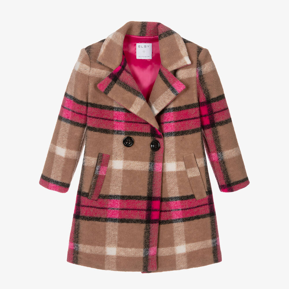 Elsy - Girls Pink & Beige Check Wool Coat | Childrensalon