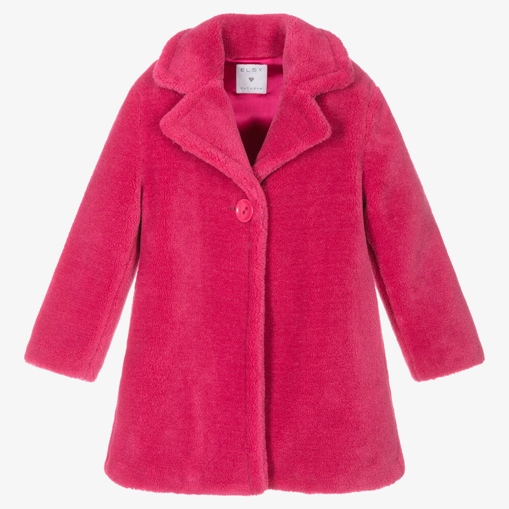 Elsy - Girls Pink Teddy Fleece Coat | Childrensalon