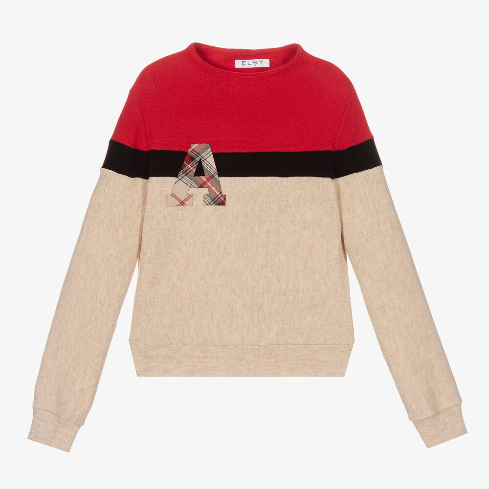 Elsy - Girls Red & Beige Sweater | Childrensalon