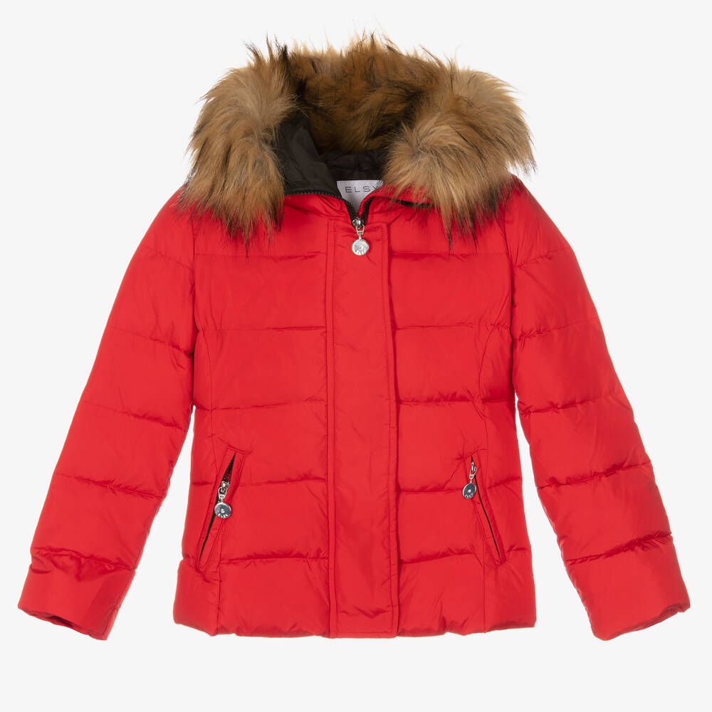 Elsy - Girls Red Down Padded Jacket | Childrensalon