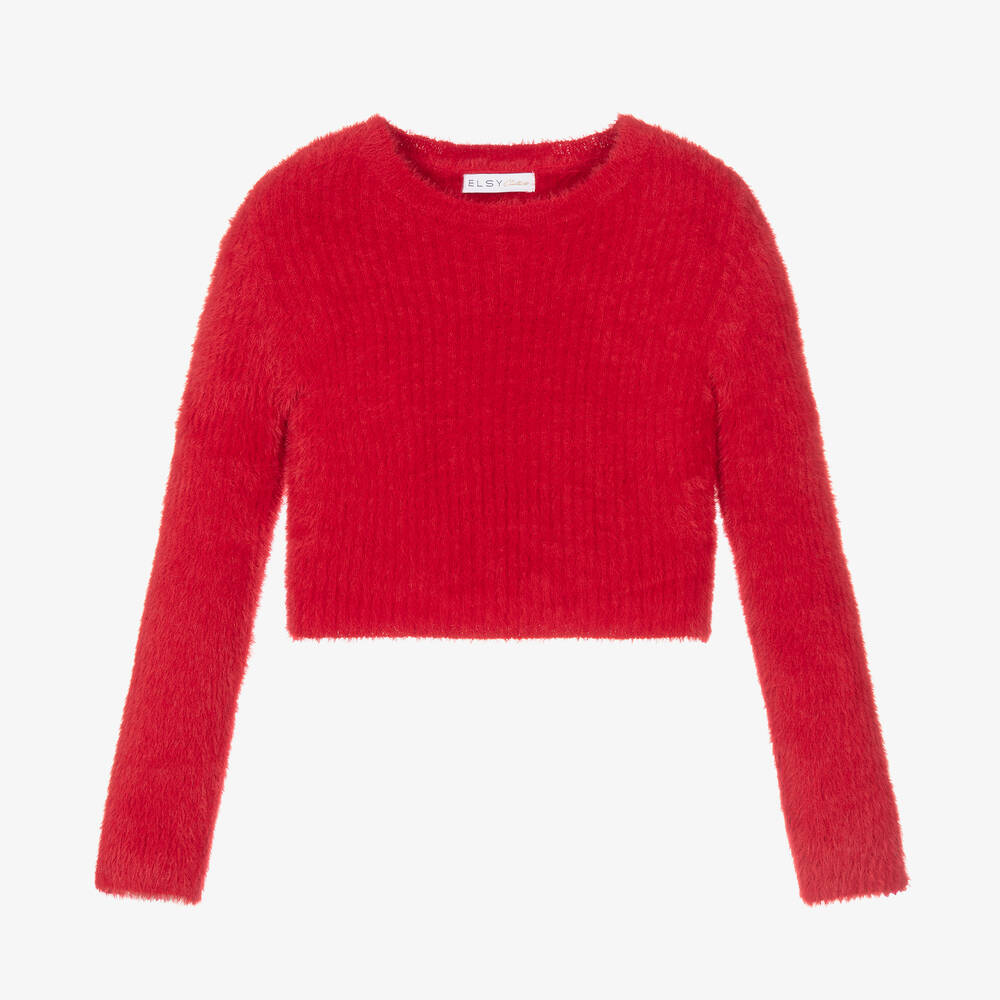 couture by Elsy - Girls Red Fluffy Knit Cropped Sweater | Childrensalon