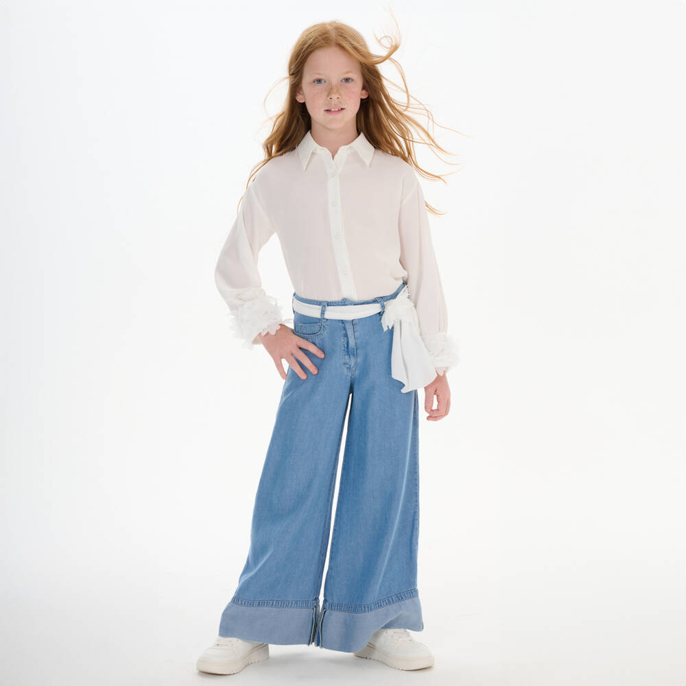 couture by Elsy-بنطلون واسع للبنات من قماش الشمبراي الأزرق السماوي | Childrensalon Outlet