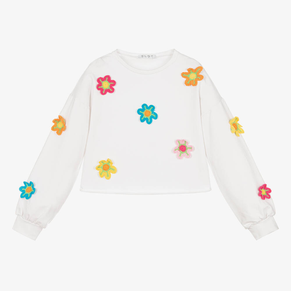 Elsy - Weißes Baumwoll-Blumen-Sweatshirt | Childrensalon