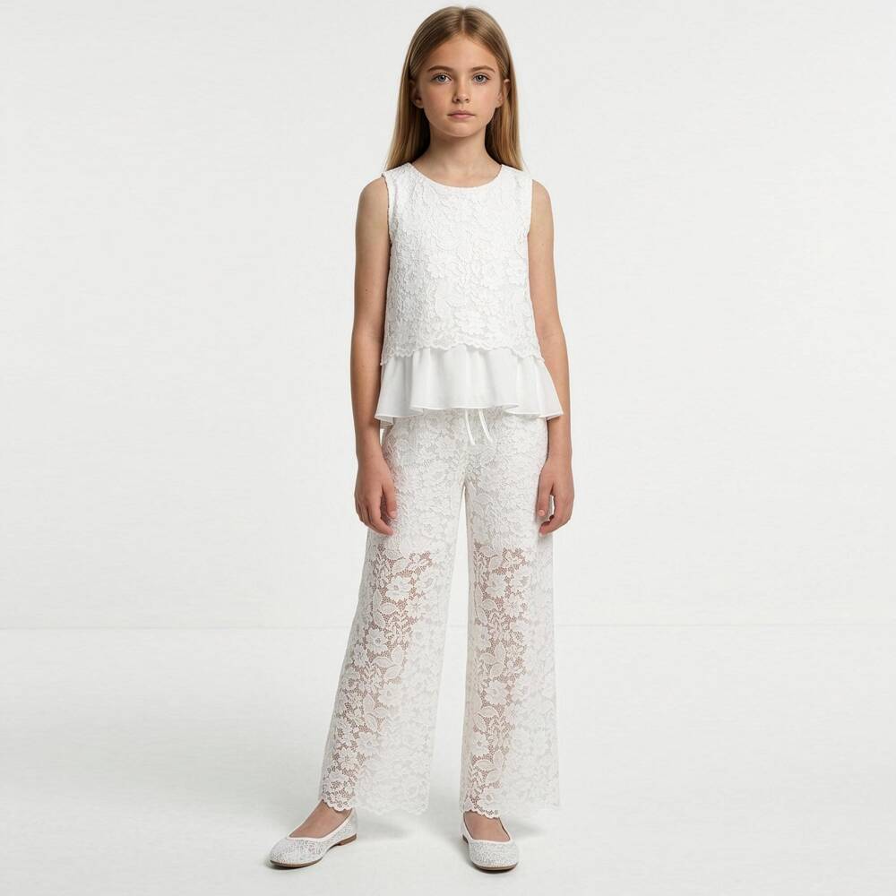 Elsy-Girls White Floral Lace Wide Leg Trousers | Childrensalon Outlet