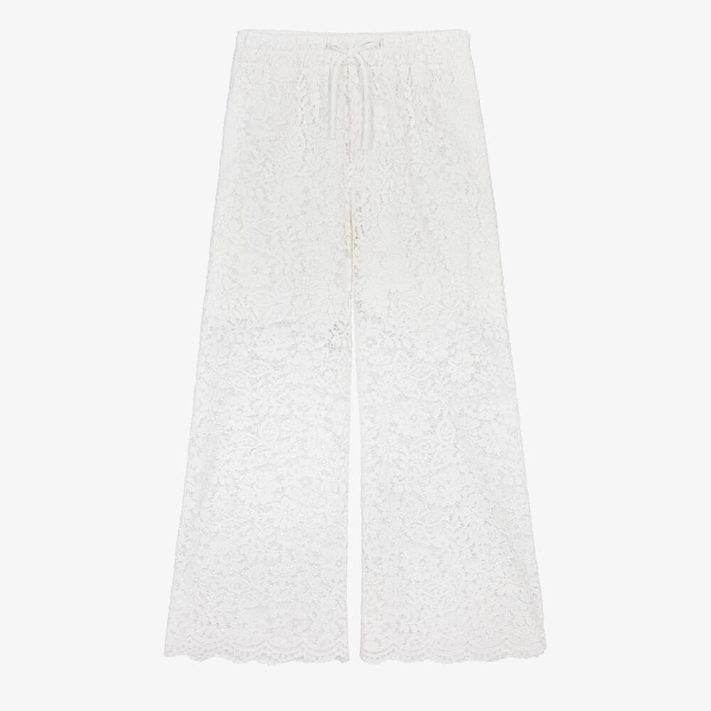 Elsy-Girls White Floral Lace Wide Leg Trousers | Childrensalon Outlet