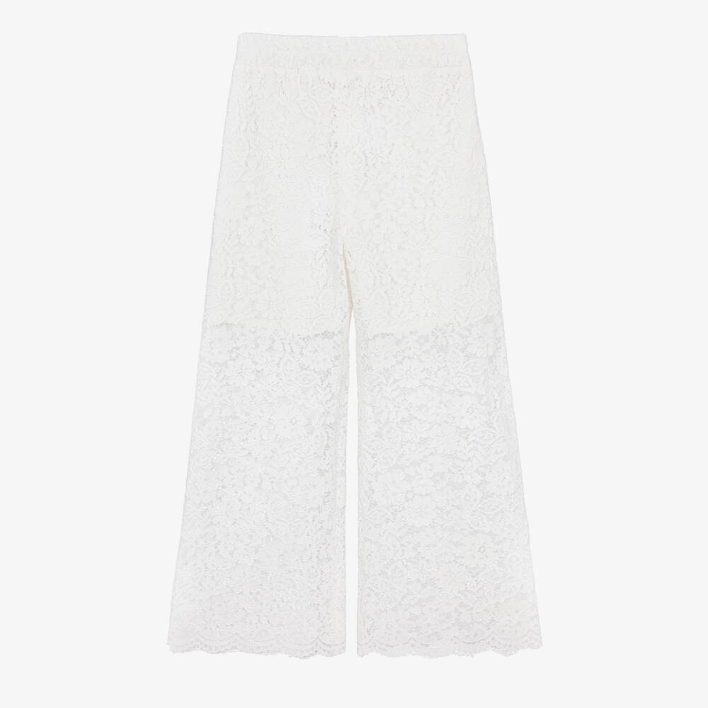 Elsy-Girls White Floral Lace Wide Leg Trousers | Childrensalon Outlet