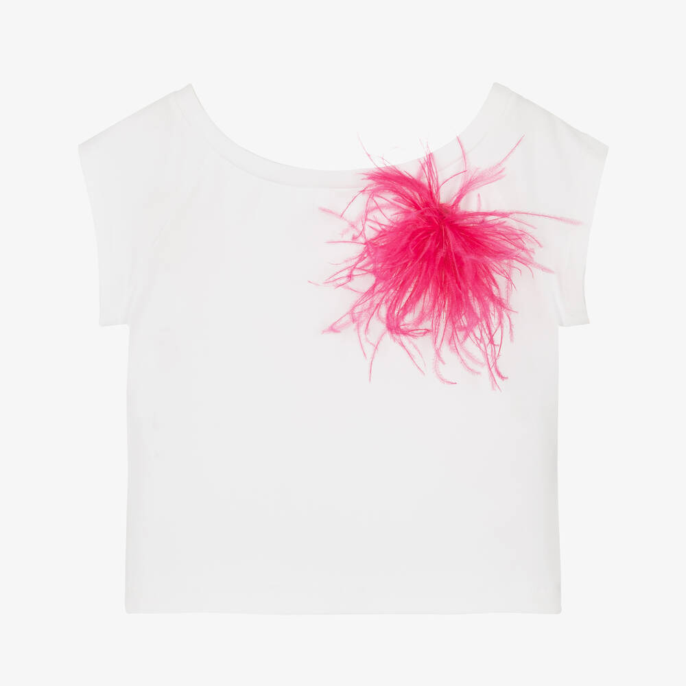 Elsy - T-shirt blanc à plumes roses | Childrensalon