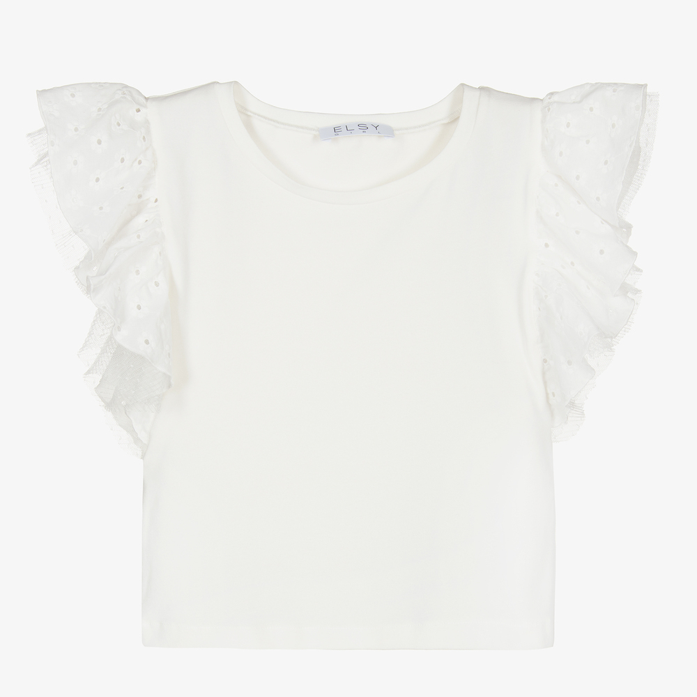 Elsy - Girls White Ruffle Sleeve Top | Childrensalon