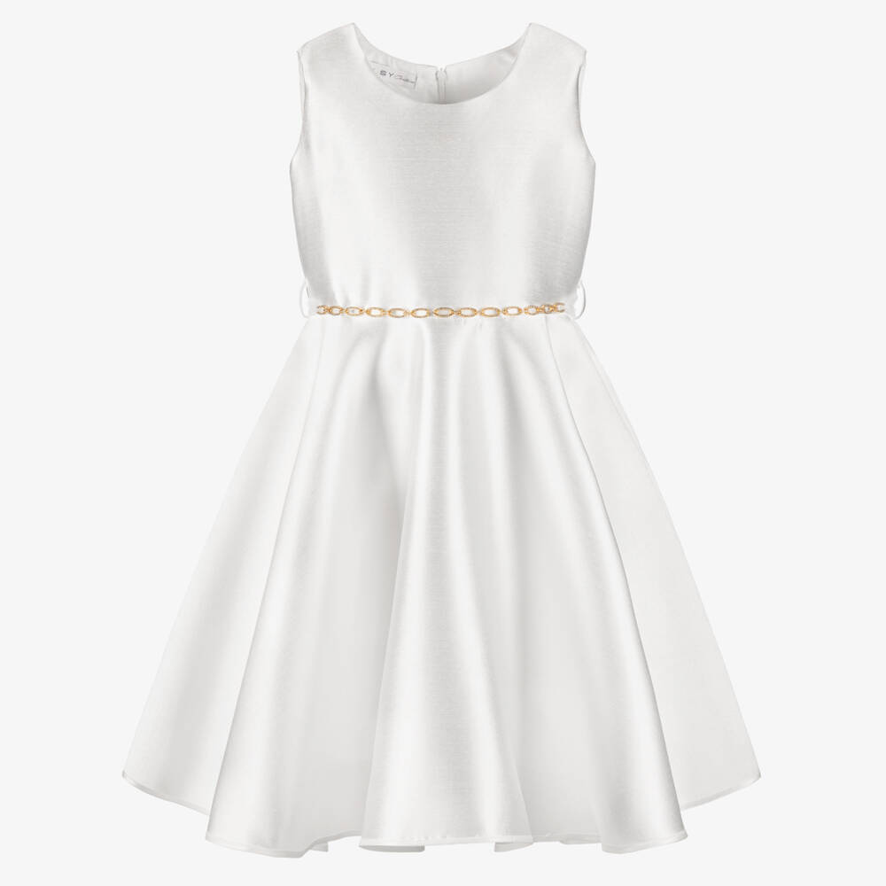Elsy Couture-Girls White Satin Dress with Diamanté Chain Belt | Childrensalon Outlet