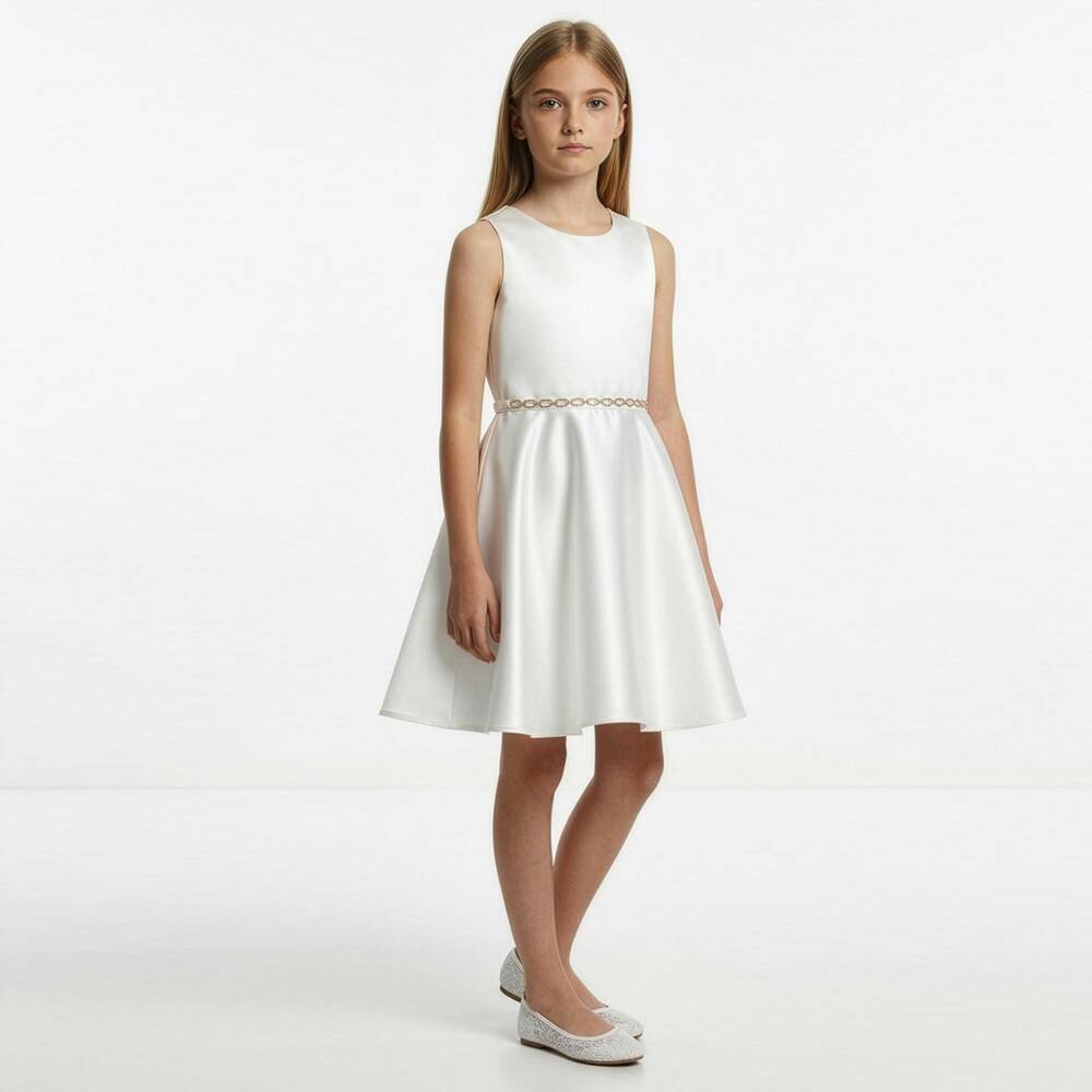 Elsy Couture-Girls White Satin Dress with Diamanté Chain Belt | Childrensalon Outlet