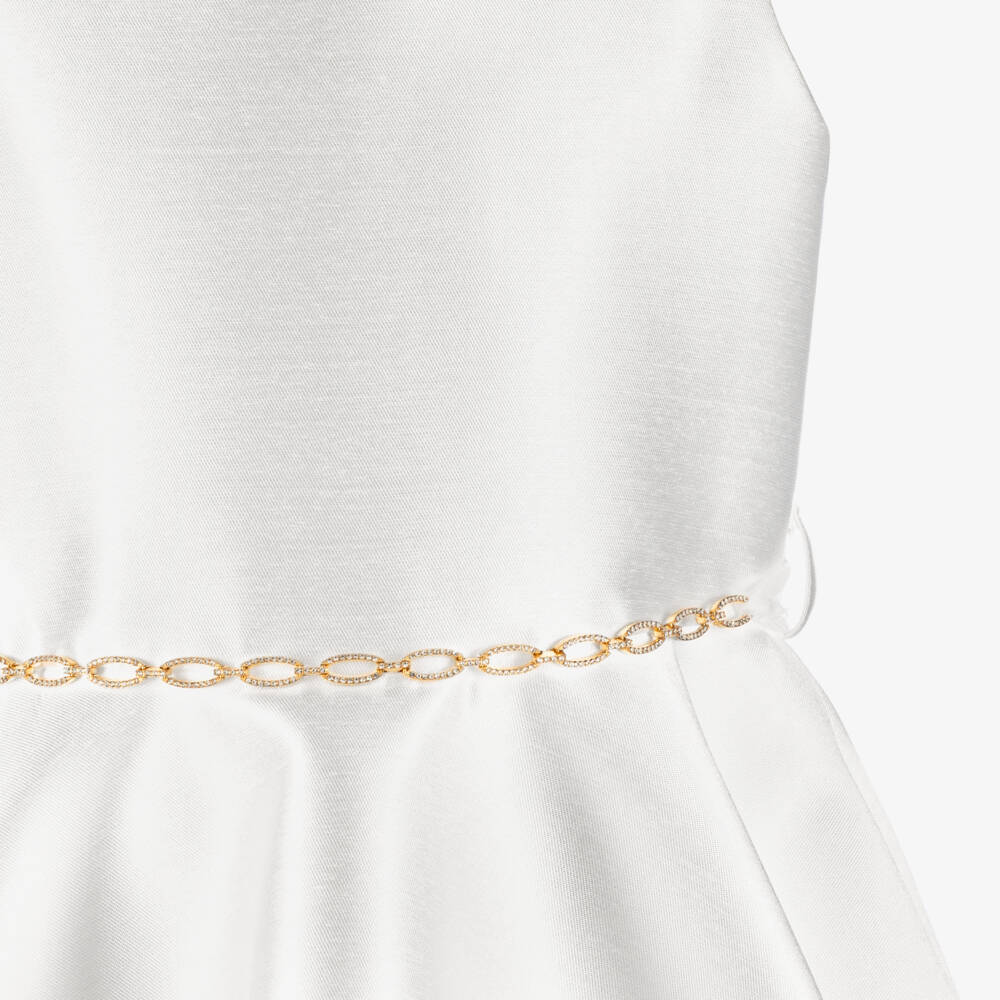 Elsy Couture-Girls White Satin Dress with Diamanté Chain Belt | Childrensalon Outlet