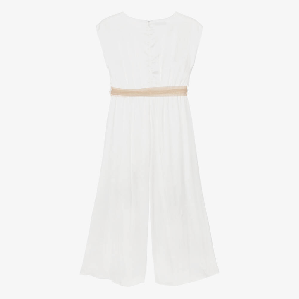 Elsy couture by-Girls White Satin Jumpsuit with Gold Tulle Sash Belt | Childrensalon Outlet