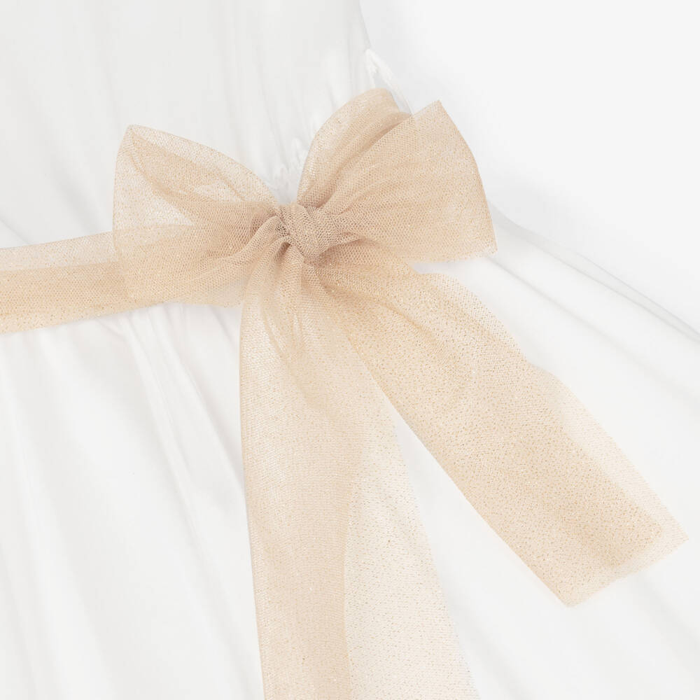 Elsy couture by-Girls White Satin Jumpsuit with Gold Tulle Sash Belt | Childrensalon Outlet