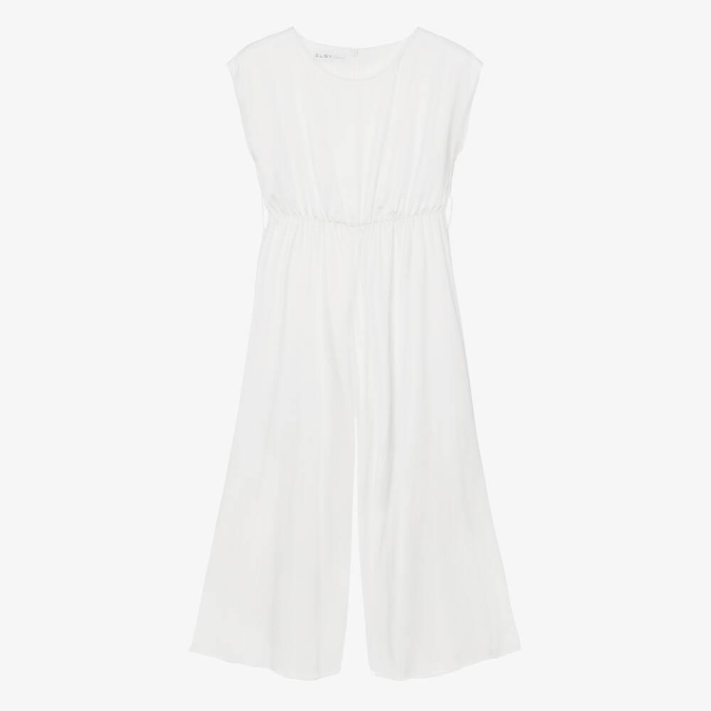 Elsy couture by-Girls White Satin Jumpsuit with Gold Tulle Sash Belt | Childrensalon Outlet