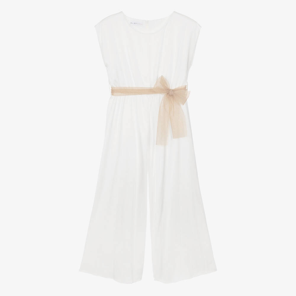 Elsy couture by-Girls White Satin Jumpsuit with Gold Tulle Sash Belt | Childrensalon Outlet