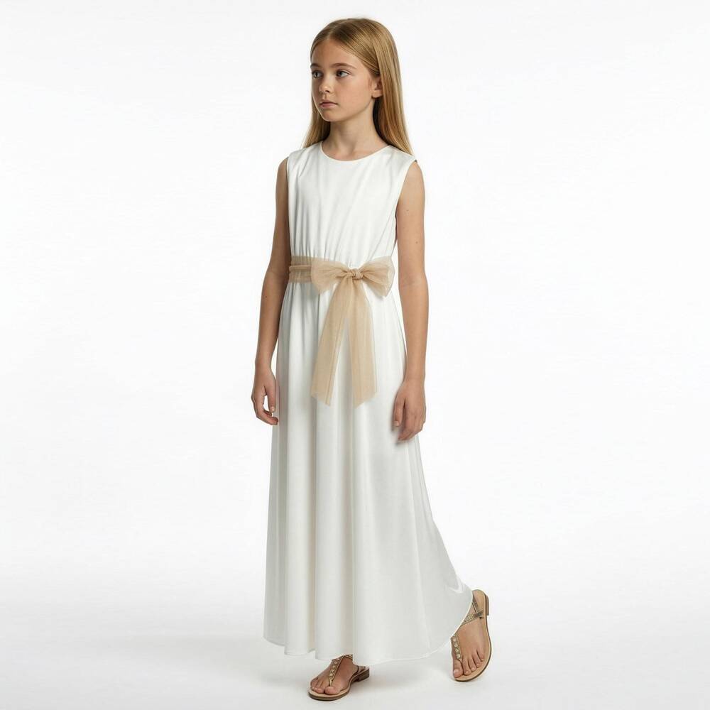 Elsy couture by-Girls White Satin Jumpsuit with Gold Tulle Sash Belt | Childrensalon Outlet