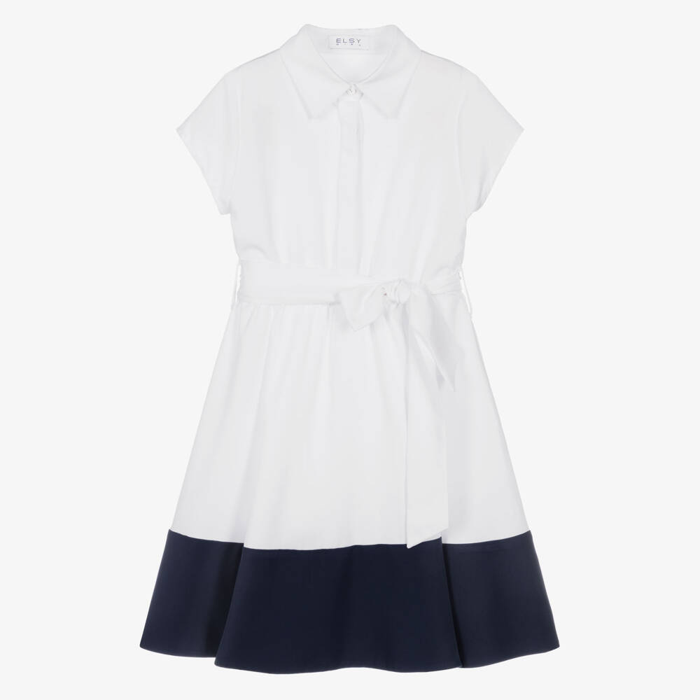 Elsy-Girls White Shirt Dress with Navy Blue Hem | Childrensalon Outlet
