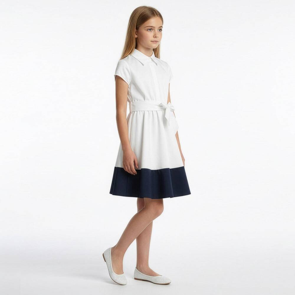 Elsy-Girls White Shirt Dress with Navy Blue Hem | Childrensalon Outlet