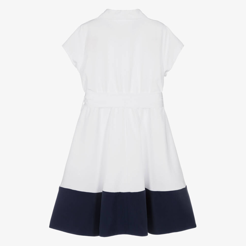 Elsy-Girls White Shirt Dress with Navy Blue Hem | Childrensalon Outlet