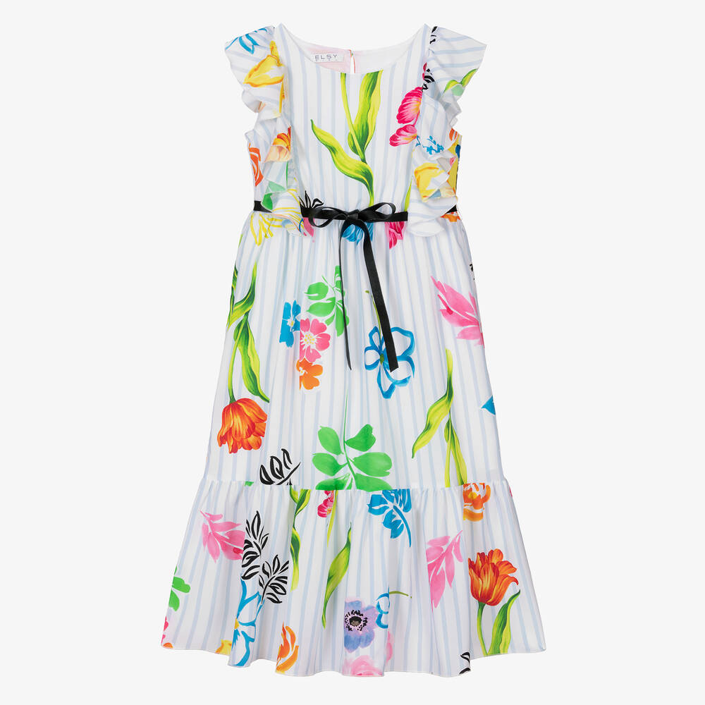 Elsy - Girls White Stripe Floral Dress | Childrensalon