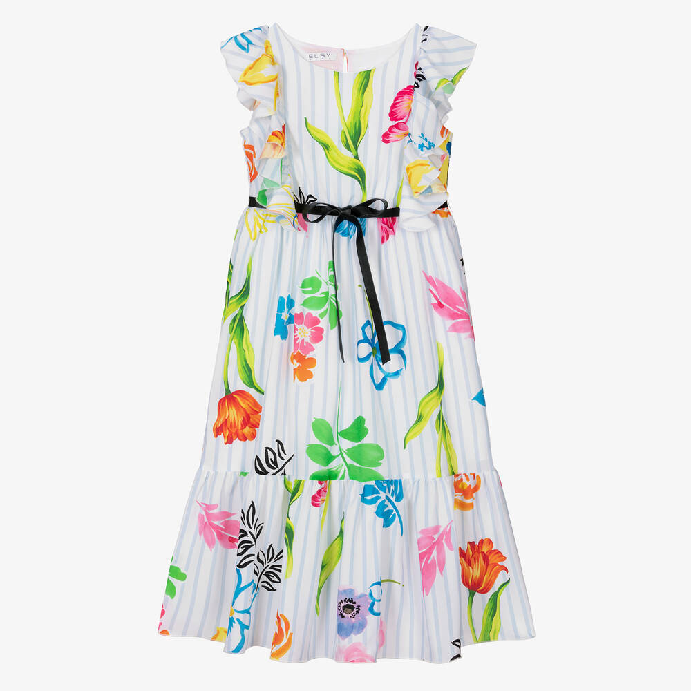 Elsy - Robe blanche rayée à fleurs fille | Childrensalon