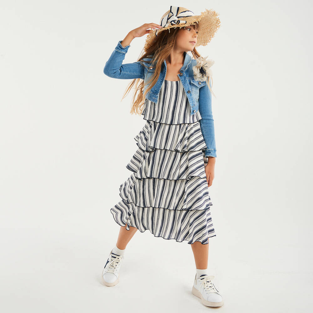 Elsy-Кремовое платье миди в синюю полоску | Childrensalon Outlet