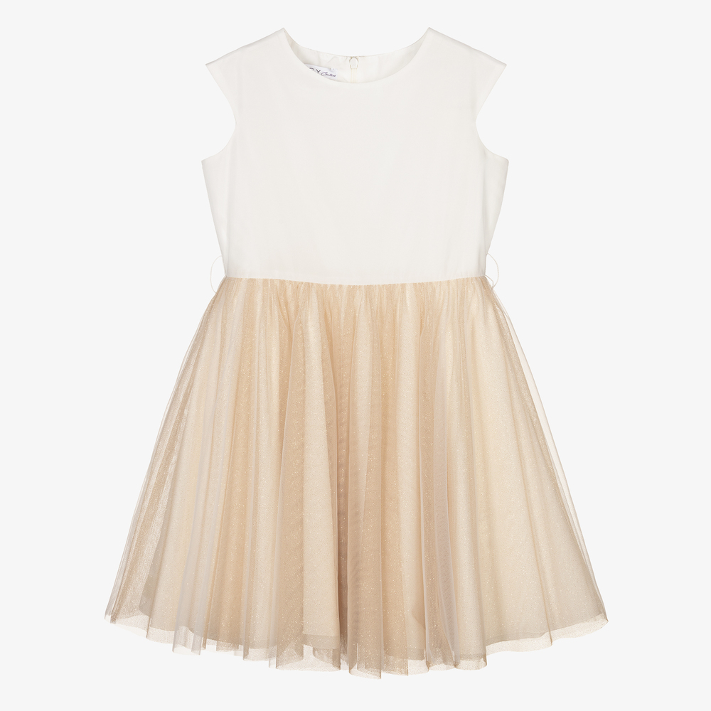 Elsy-فستان تول وساتان لون عاجي وذهبي | Childrensalon Outlet