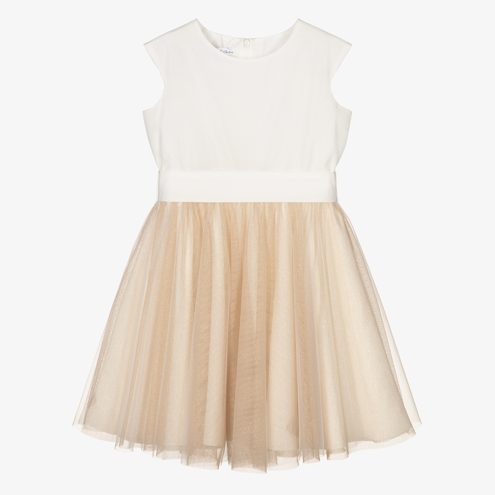 Elsy - Robe ivoire/dorée en satin et tulle | Childrensalon