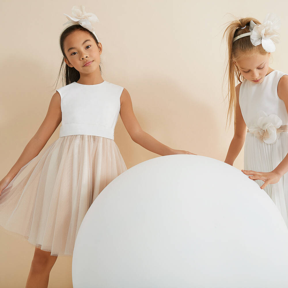 Elsy-فستان تول وساتان لون عاجي وذهبي | Childrensalon Outlet