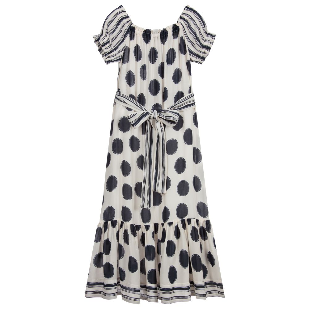 Elsy - Long Ivory & Blue Spot Dress | Childrensalon