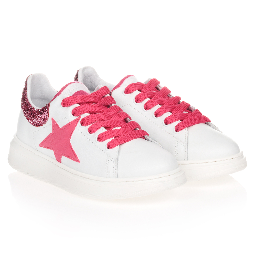 Elsy - White & Pink Leather Trainers | Childrensalon
