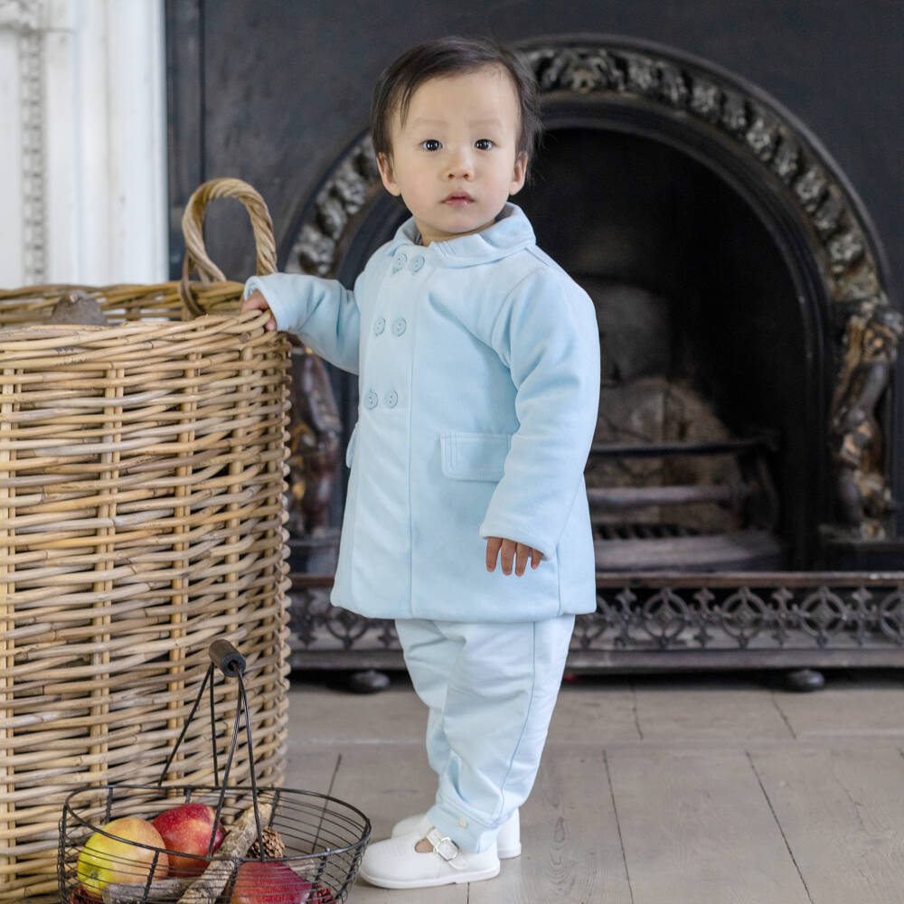 Emile et Rose-Baby Boys Blue Velour Double Breasted Coat | Childrensalon Outlet
