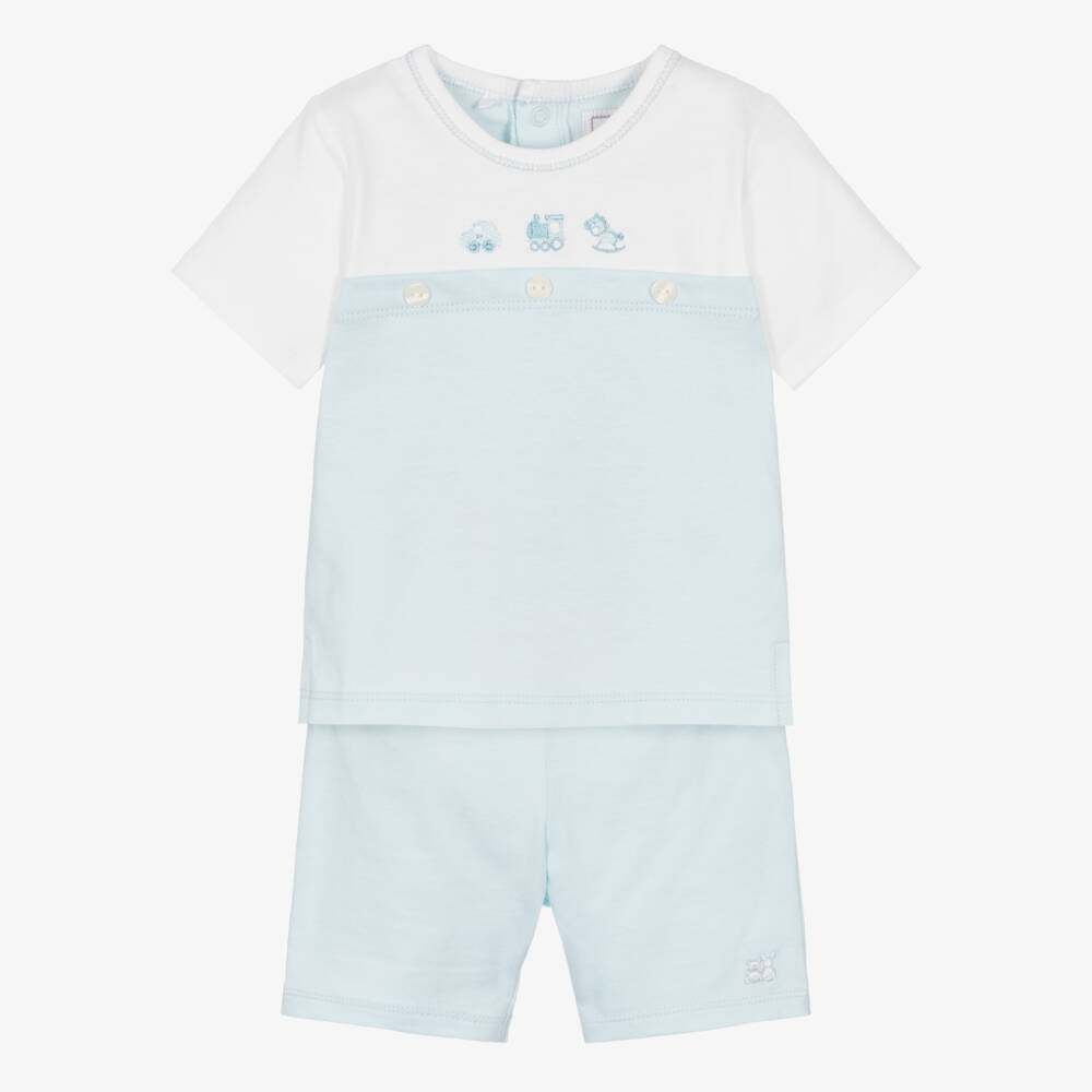 Emile et Rose-Baby Boys Blue & White Cotton Jersey Embroidered Shorts Set | Childrensalon Outlet
