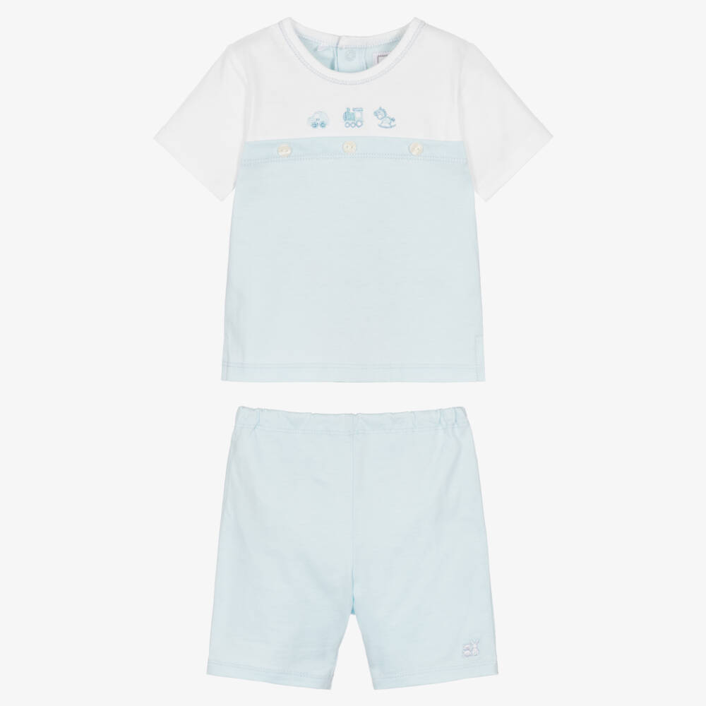 Emile et Rose-Baby Boys Blue & White Cotton Jersey Embroidered Shorts Set | Childrensalon Outlet