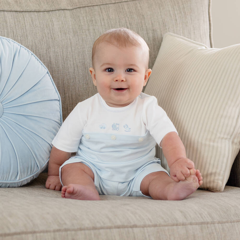 Emile et Rose-Baby Boys Blue & White Cotton Jersey Embroidered Shorts Set | Childrensalon Outlet