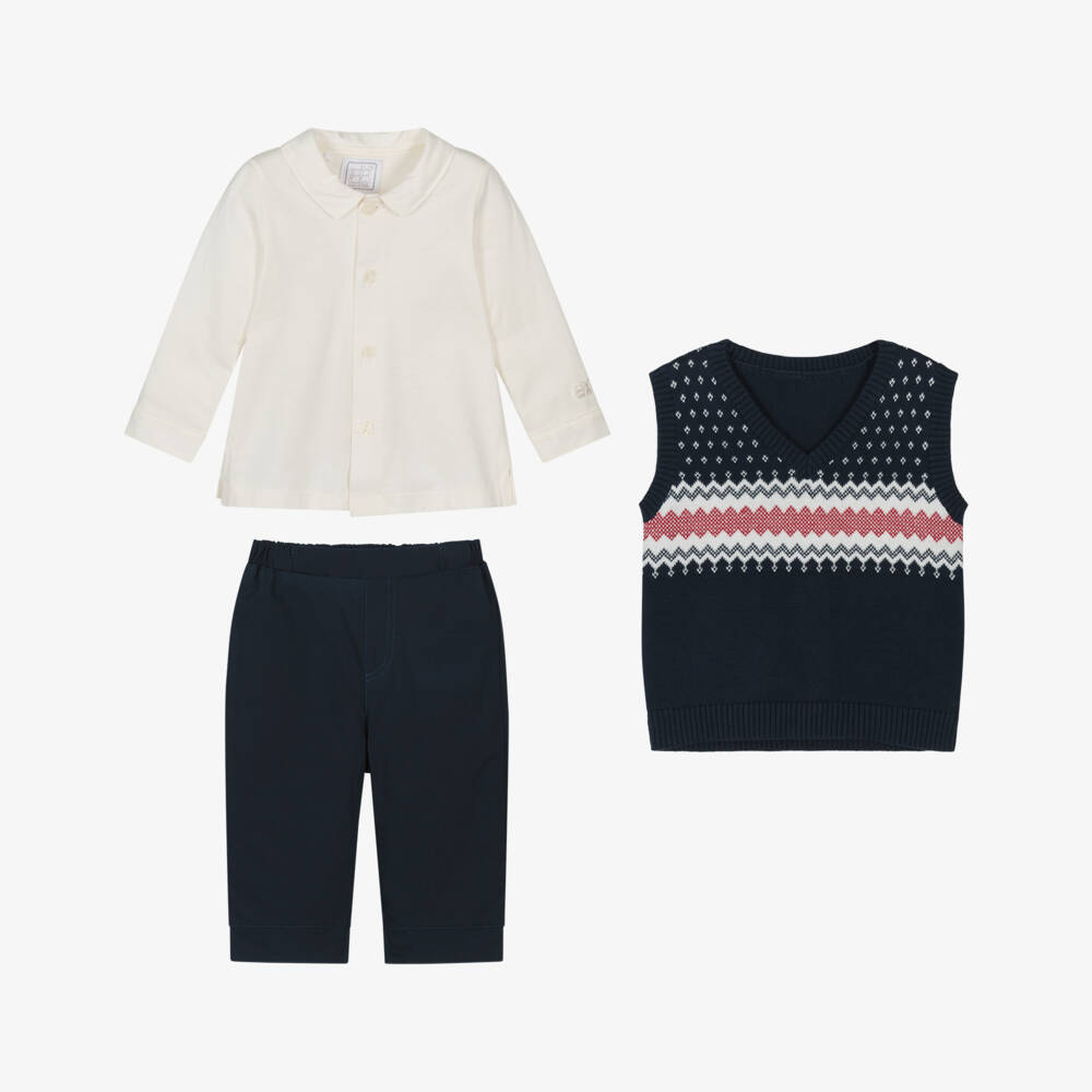 Emile et Rose-Baby Boys Navy Blue Fair Isle Trouser Set | Childrensalon Outlet