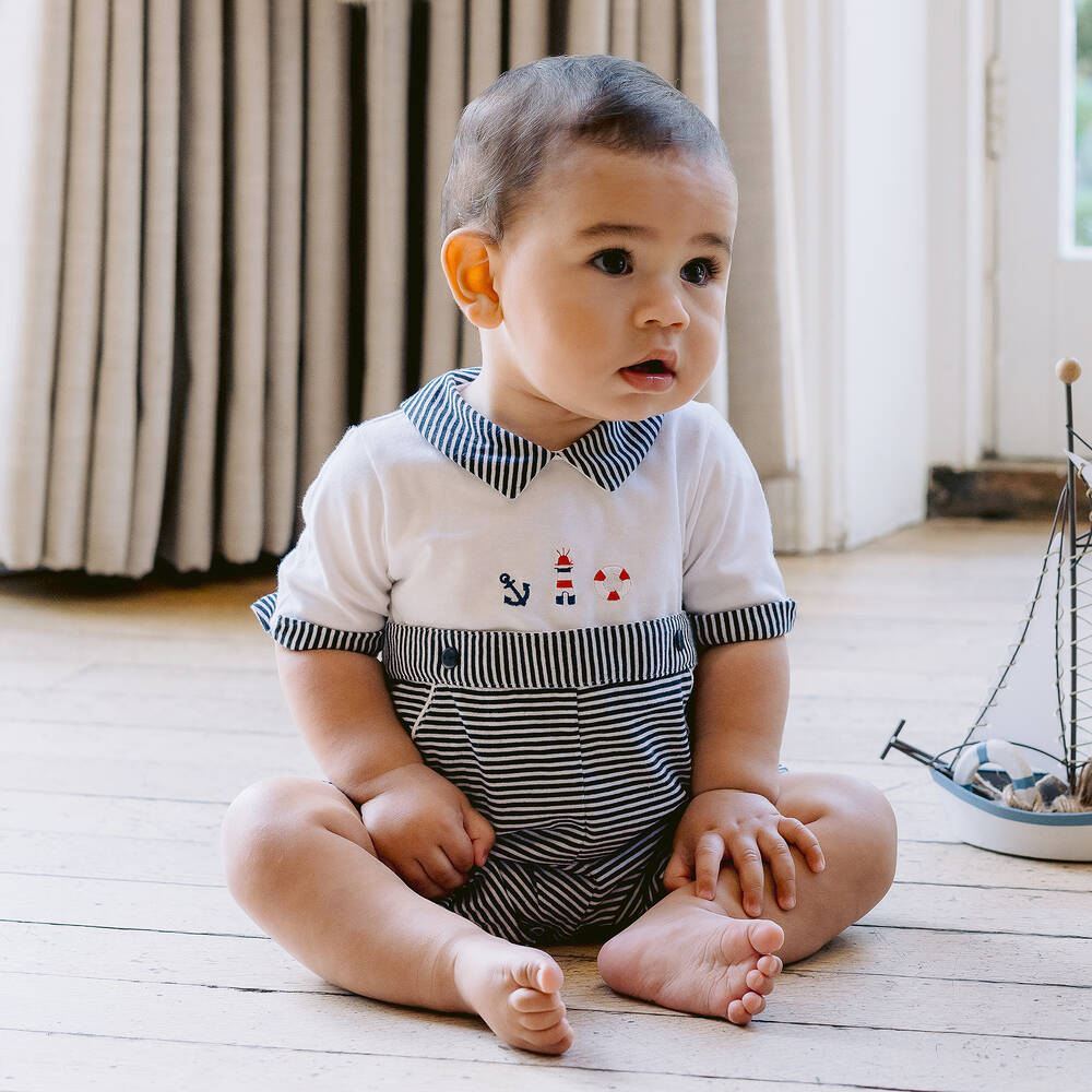 Emile et Rose-Baby Boys Navy Blue Stripe Cotton Shortie | Childrensalon Outlet