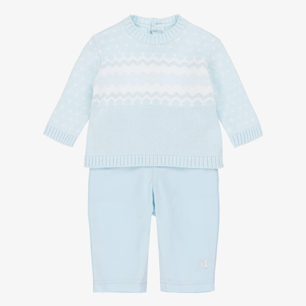 Emile et Rose-Baby Boys Pale Blue Cotton Fair Isle Sweater & Trouser Set | Childrensalon Outlet