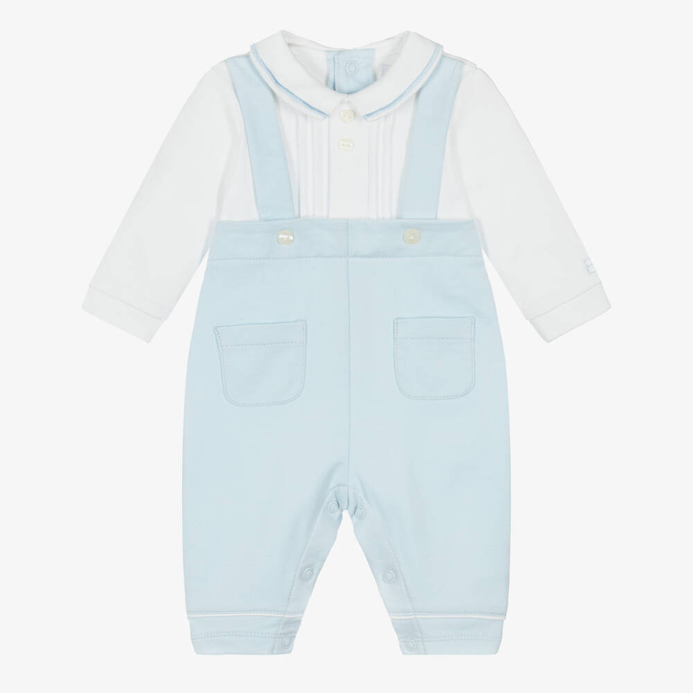 Emile et Rose-Baby Boys White & Blue Cotton Dungaree Romper | Childrensalon Outlet