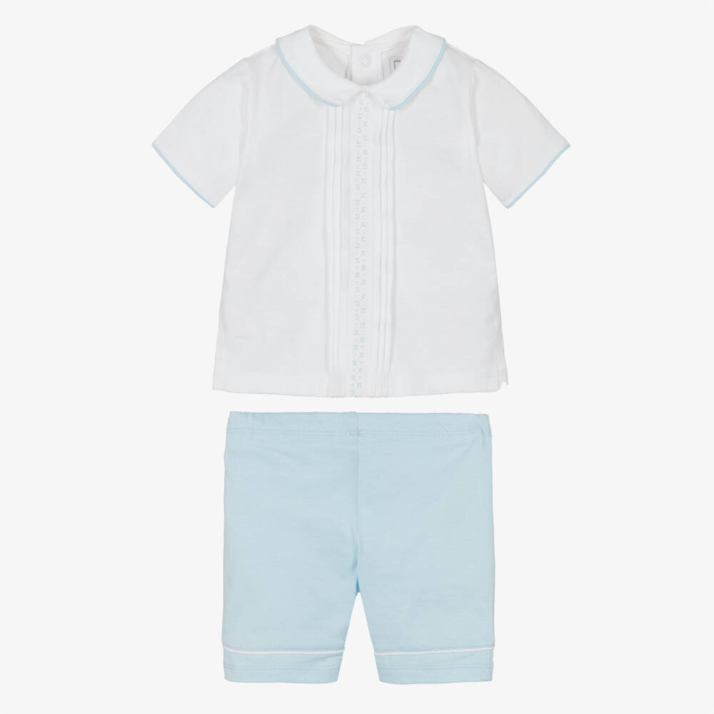 Emile et Rose-Baby Boys White & Blue Cotton Embroidered Shorts Set | Childrensalon Outlet