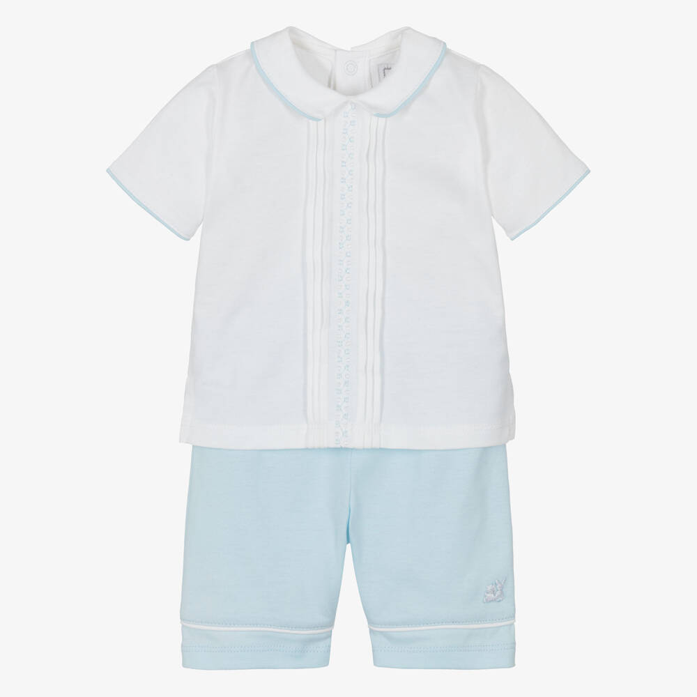 Emile et Rose-Baby Boys White & Blue Cotton Embroidered Shorts Set | Childrensalon Outlet