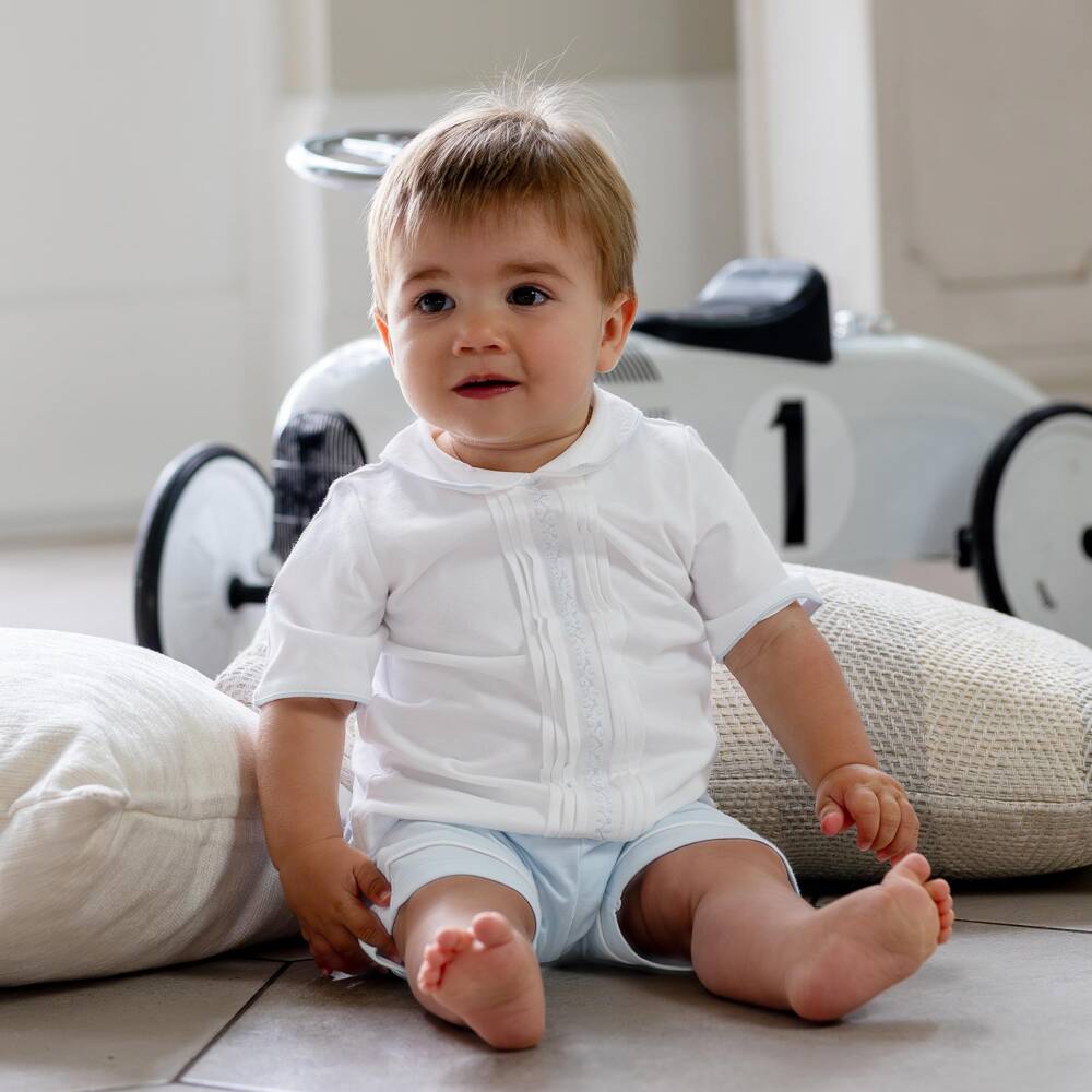 Emile et Rose-Baby Boys White & Blue Cotton Embroidered Shorts Set | Childrensalon Outlet
