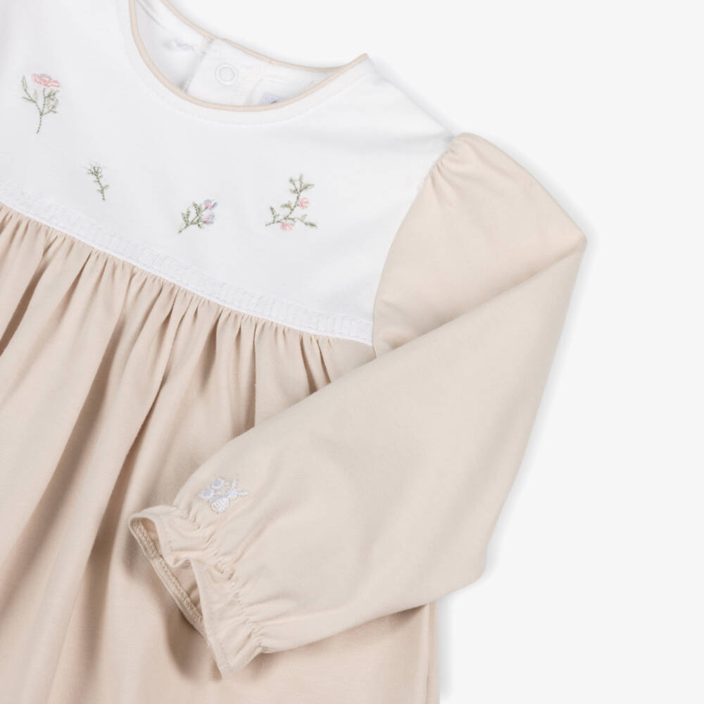 Emile et Rose-Baby Girls Beige Cotton Jersey Embroidered Dress | Childrensalon Outlet