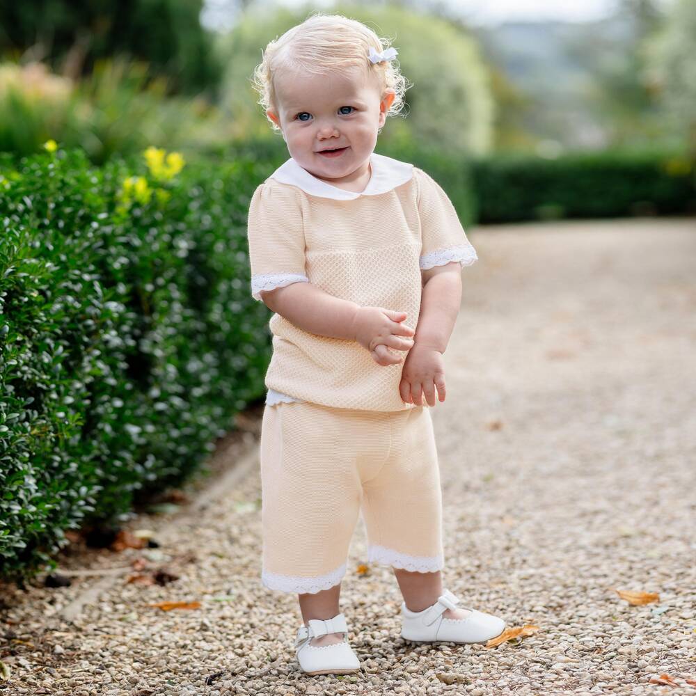 Emile et Rose-Baby Girls Beige Cotton-Knit Shorts Set | Childrensalon Outlet