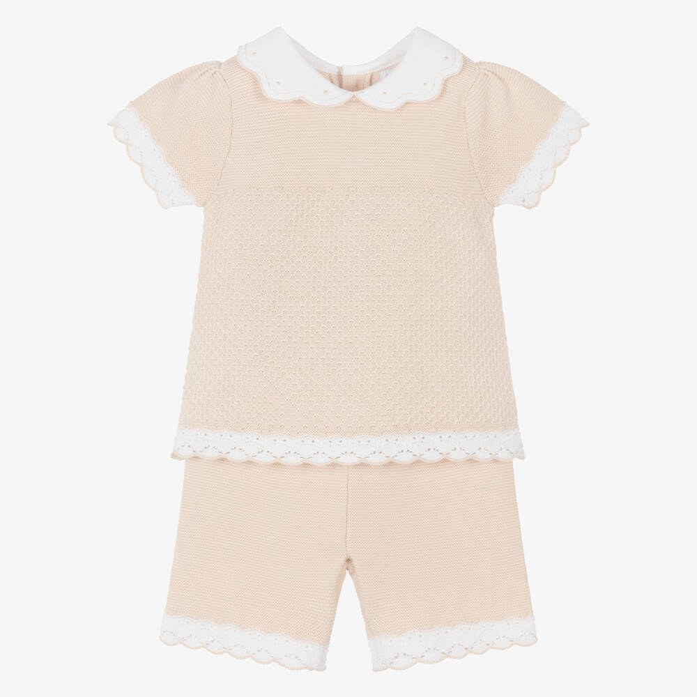 Emile et Rose-Baby Girls Beige Cotton-Knit Shorts Set | Childrensalon Outlet
