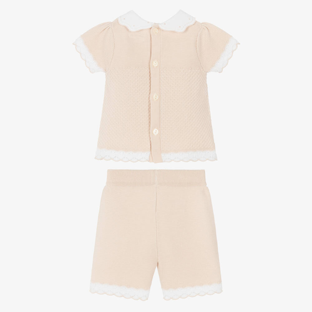 Emile et Rose-Baby Girls Beige Cotton-Knit Shorts Set | Childrensalon Outlet