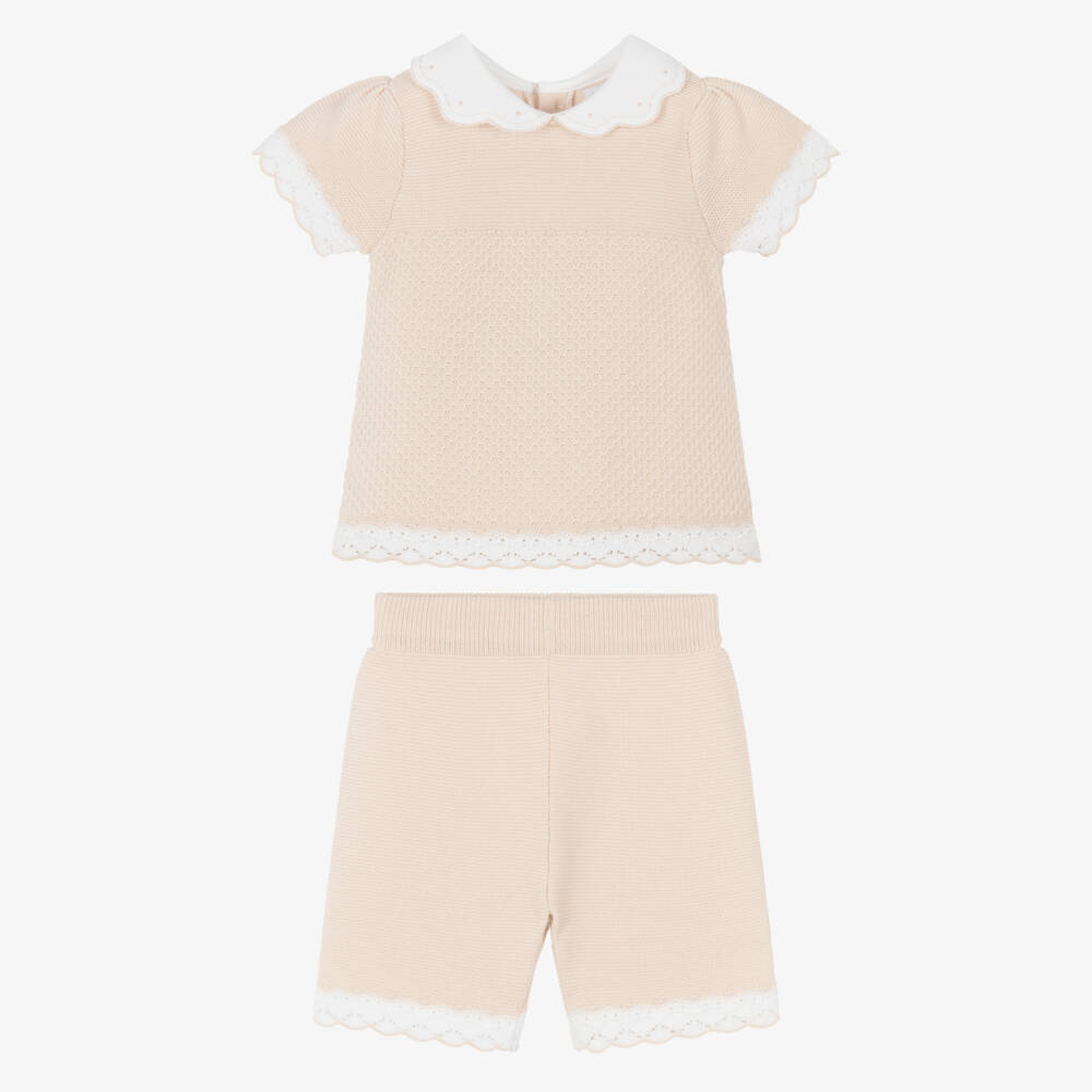 Emile et Rose-Baby Girls Beige Cotton-Knit Shorts Set | Childrensalon Outlet