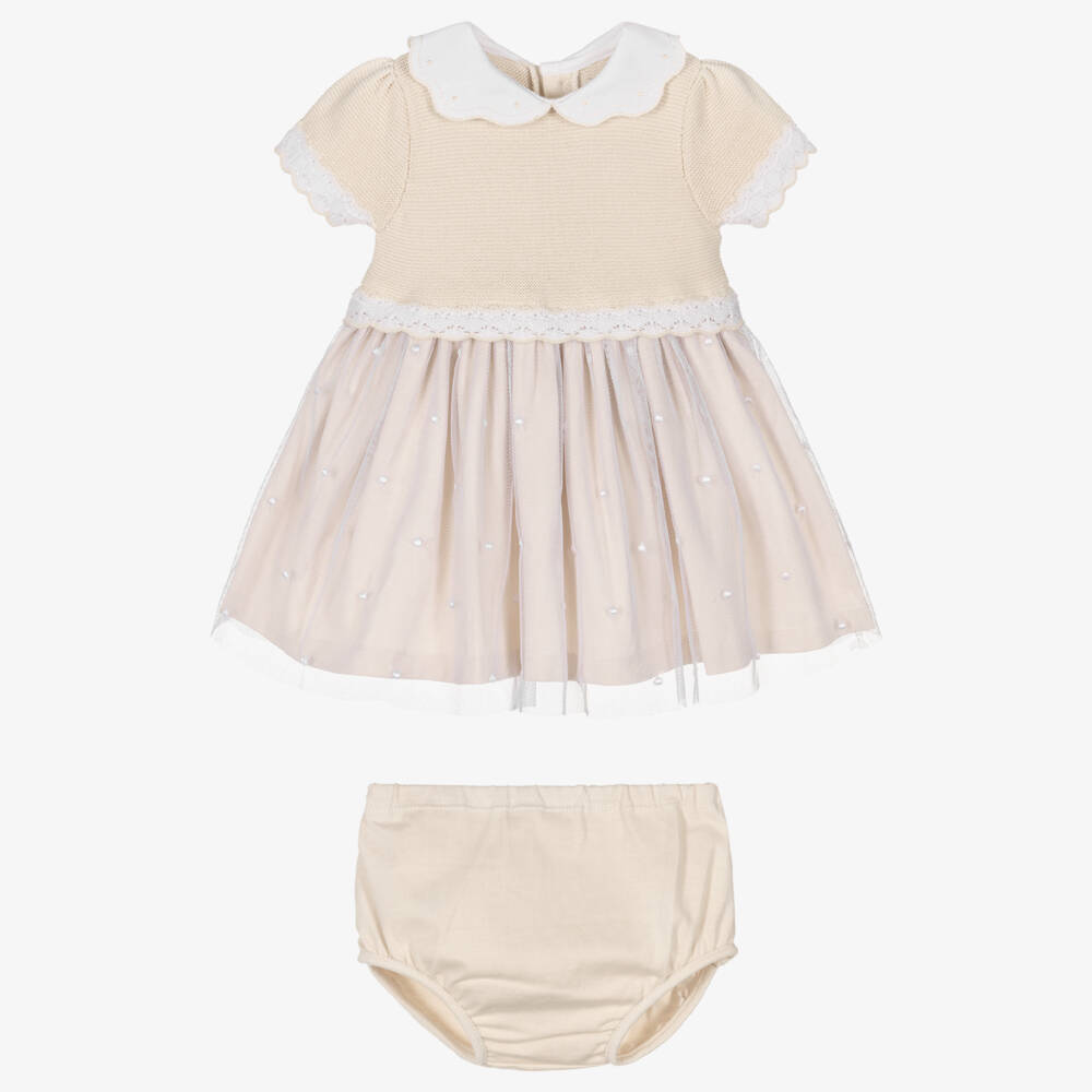 Emile et Rose-Бежевое и белое платье с деталями для девочек | Childrensalon Outlet