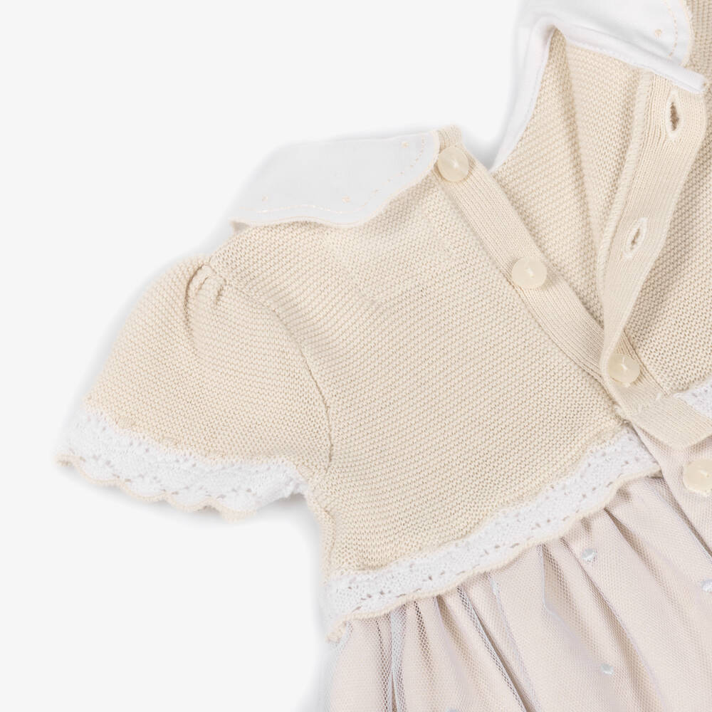 Emile et Rose-Бежевое и белое платье с деталями для девочек | Childrensalon Outlet